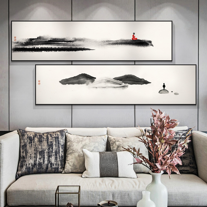 卧室床头装饰画新中式客厅沙发背景墙挂画茶室禅意水墨人物山水画