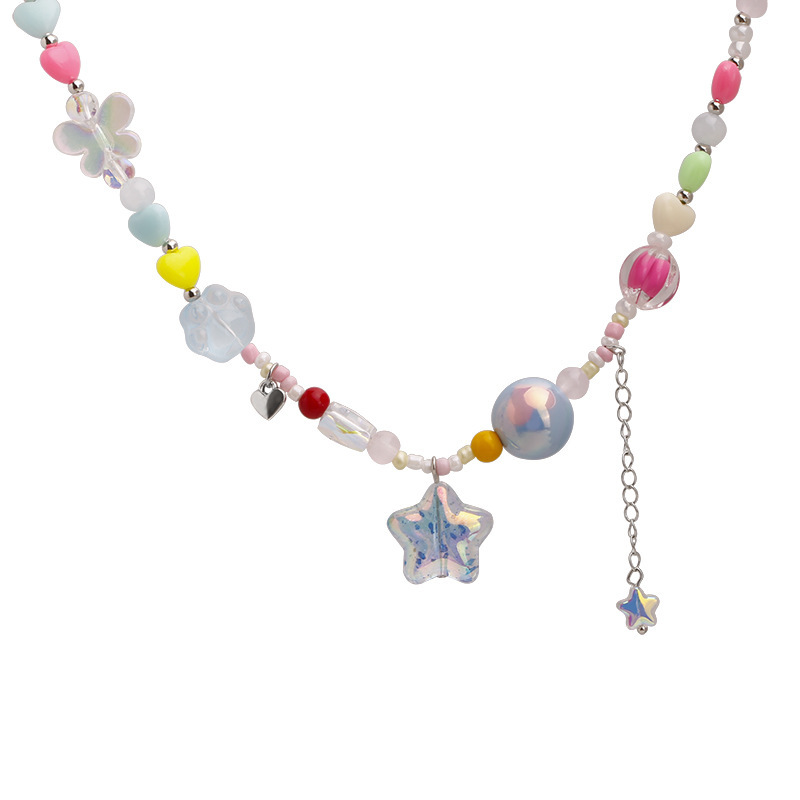 Dopamine Pink Beaded Star Love Butterfly Necklace Fresh Sweet Clavicle Chain New Super Fairy Necklace for Women