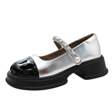 银色玛丽珍鞋女2024春季新款厚底小香风粗跟小皮鞋子法式软底单鞋