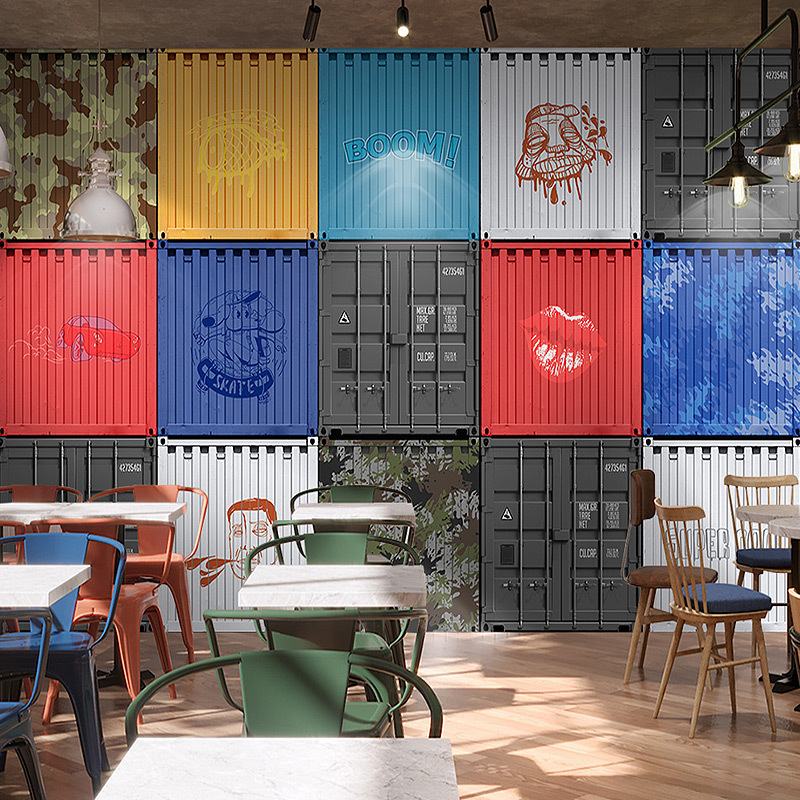 复古个性铁皮集装箱墙纸网红舞蹈教室健身房奶茶店个性背景墙壁纸
