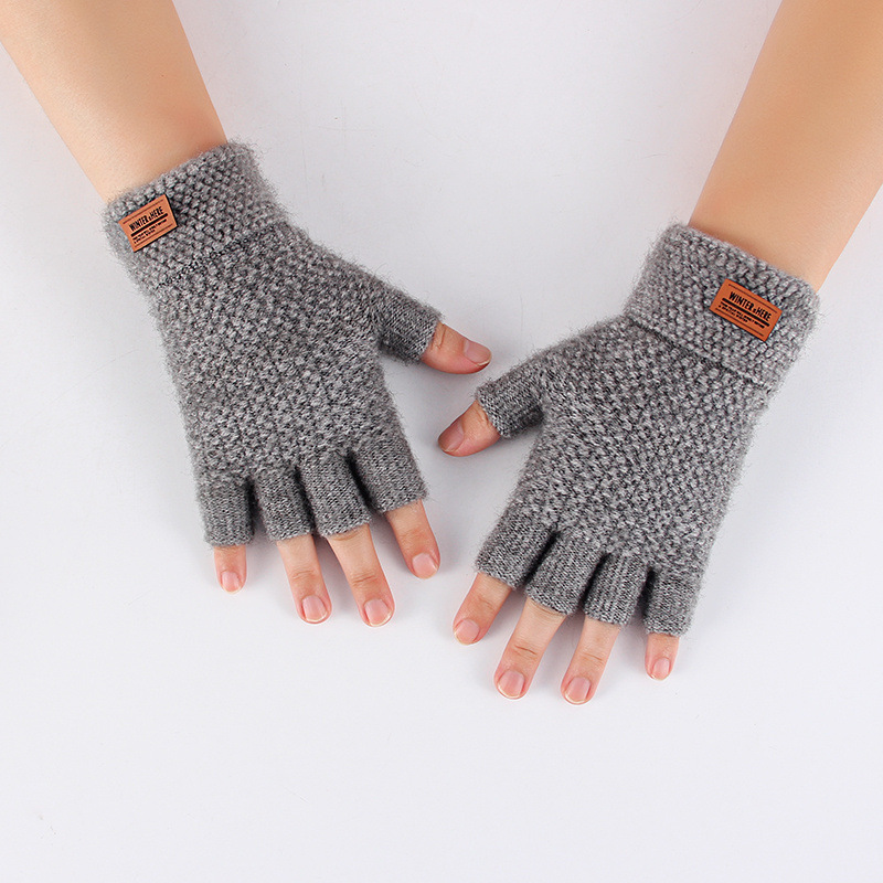 Cross-Border Fall Winter Men Half Finger Thermal Knitting Gloves Adult Thickened Riding Open Finger Outdoor Jacquard Gloves in Stock
