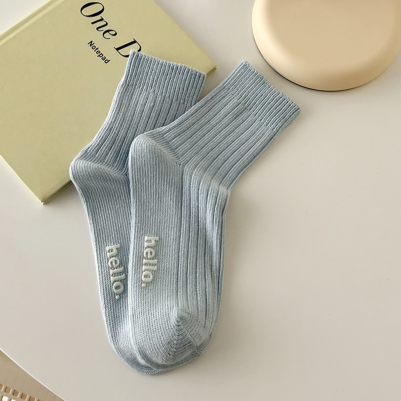 Spring and Autumn Women's Mid-Calf Length Sock Japanese Hot Stamping Macaron Socks Women's Cream Color Cotton Socks Zhuji Long Tube Women's Socks