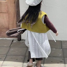 韩系女童蕾丝罩衫裙秋款韩版儿童宽松设计钩花绑带背心裙日系长裙