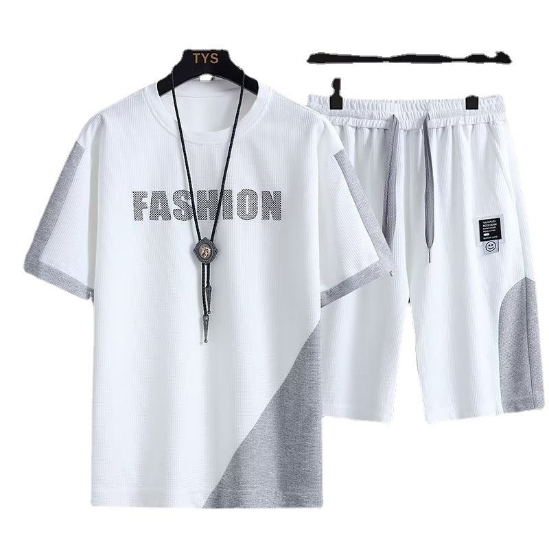 Short Sleeve Suit Men's Summer New Simple Casual Sports Loose Waffle with a Set