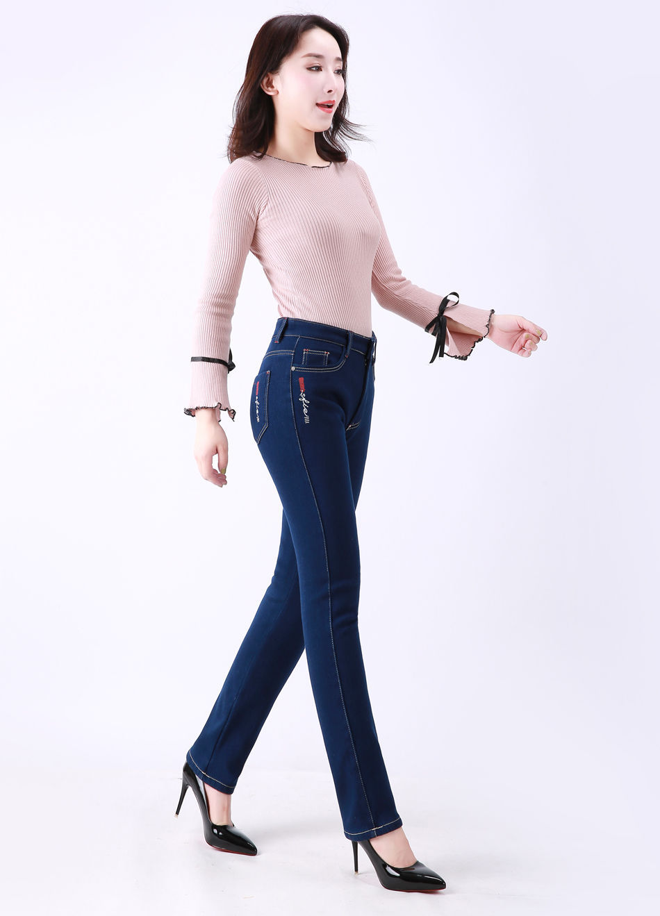 冬季加绒加厚高腰弹力中年直筒牛仔裤女妈妈长裤带绒大码保暖女裤