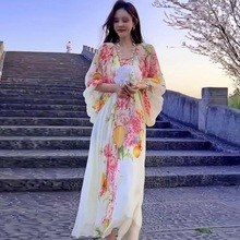 真丝连衣裙夏季女装圆领气质设计感长裙显瘦印花感桑蚕丝裙子