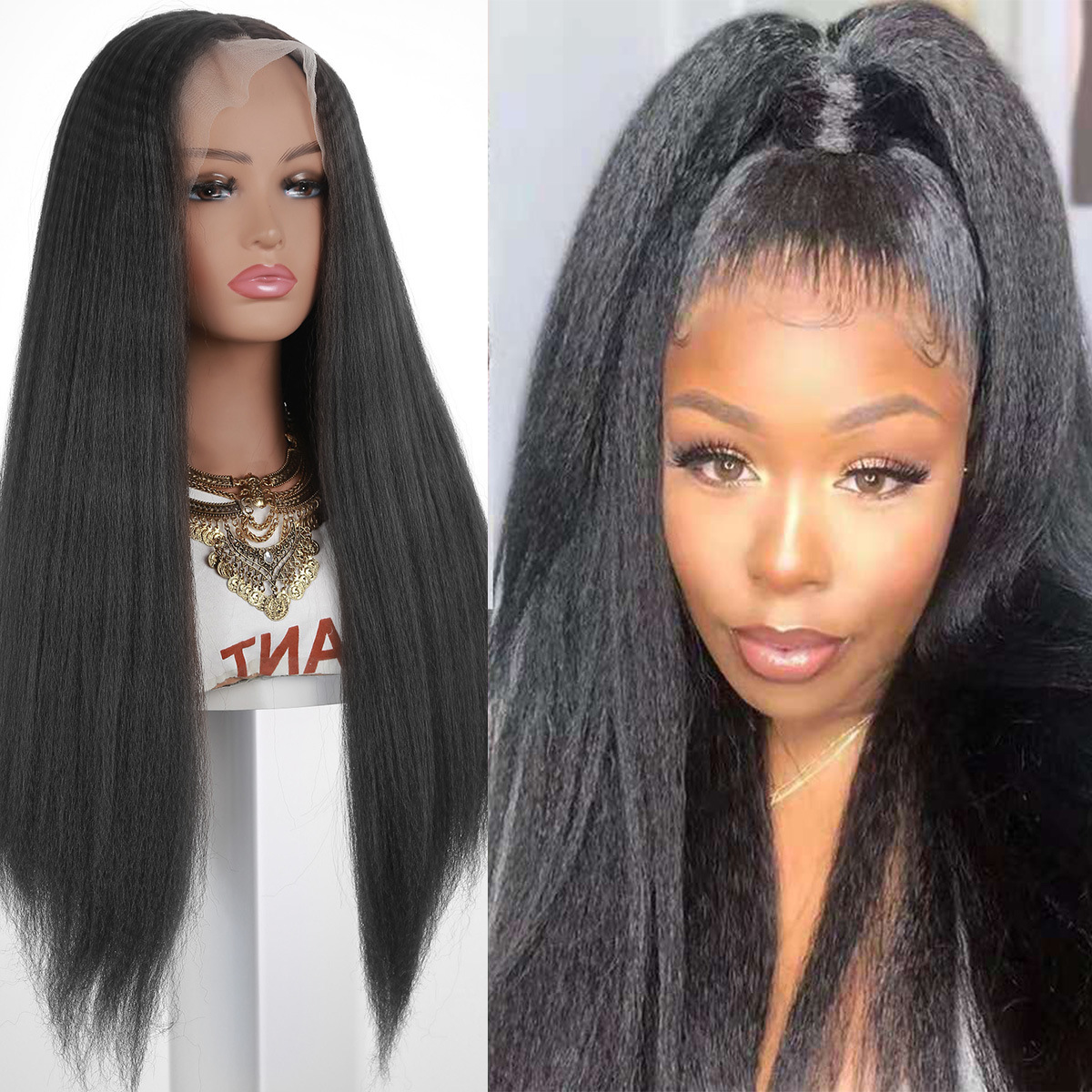 前蕾丝化纤长假发yk丝黑色直发欧美跨境货源非洲长直发假发头套