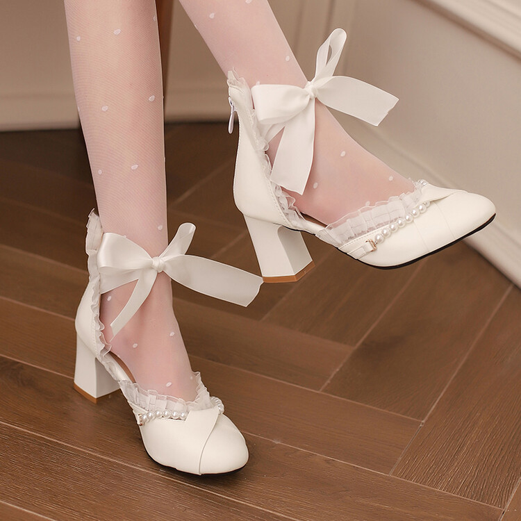 外贸女鞋大码软底洛丽塔高跟鞋女蝴蝶结丝带流苏癖习中大童学生凉