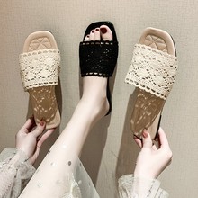 2023夏季镂空蕾丝拖鞋女鞋纯色橡胶平跟平底针织简约一字型凉鞋