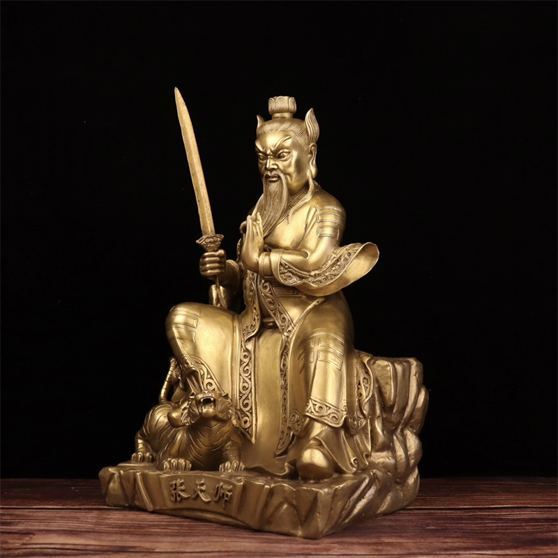黄铜张天师坐像摆件大号道教祖师爷正一真人神像执剑天师摆件