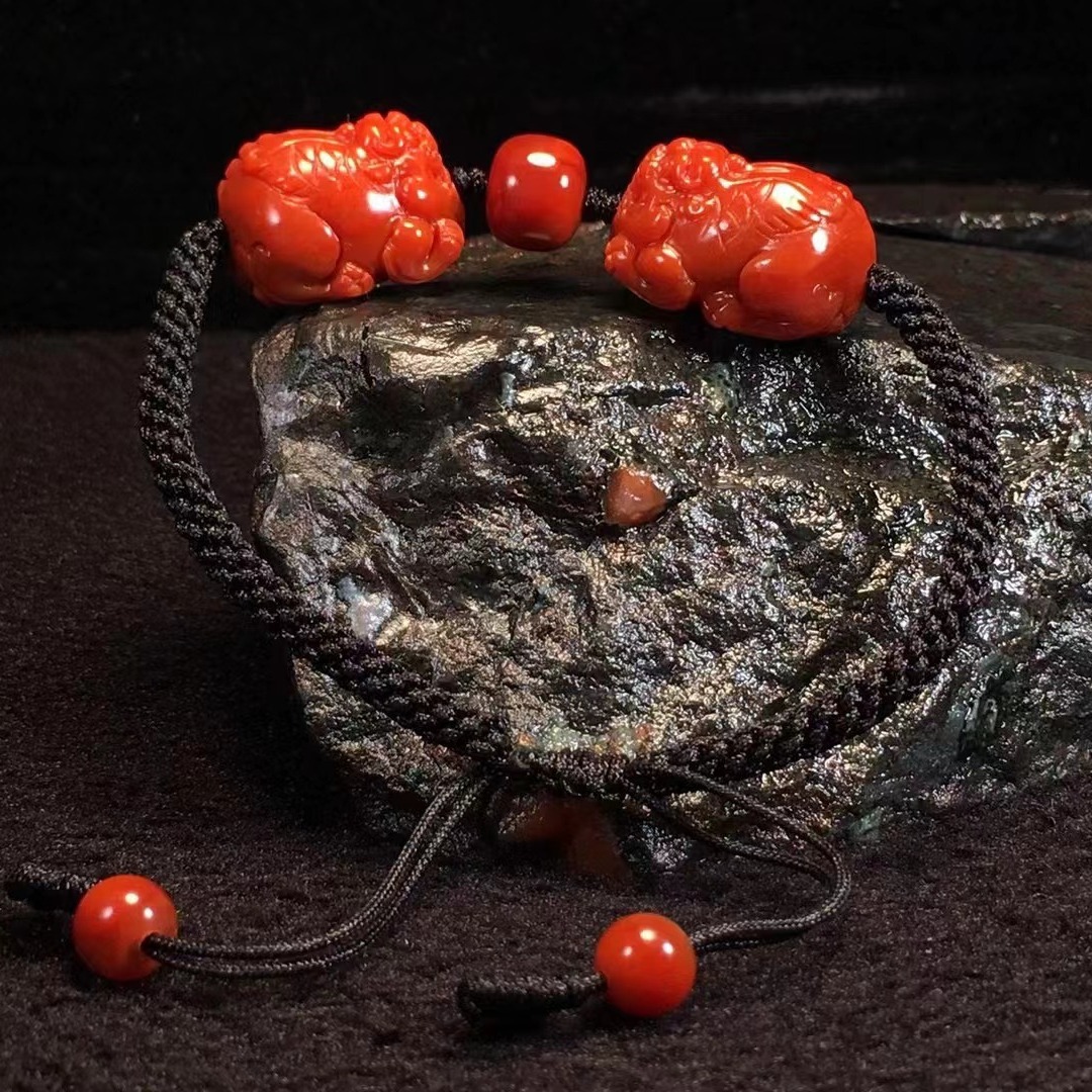 极品收藏 瓦西南红貔貅手链 满色满肉色红 精工雕刻  纯手工编织