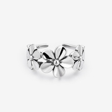韩国S925纯银花卉泰银女式戒指 做旧花朵简约复古开口首饰银指环