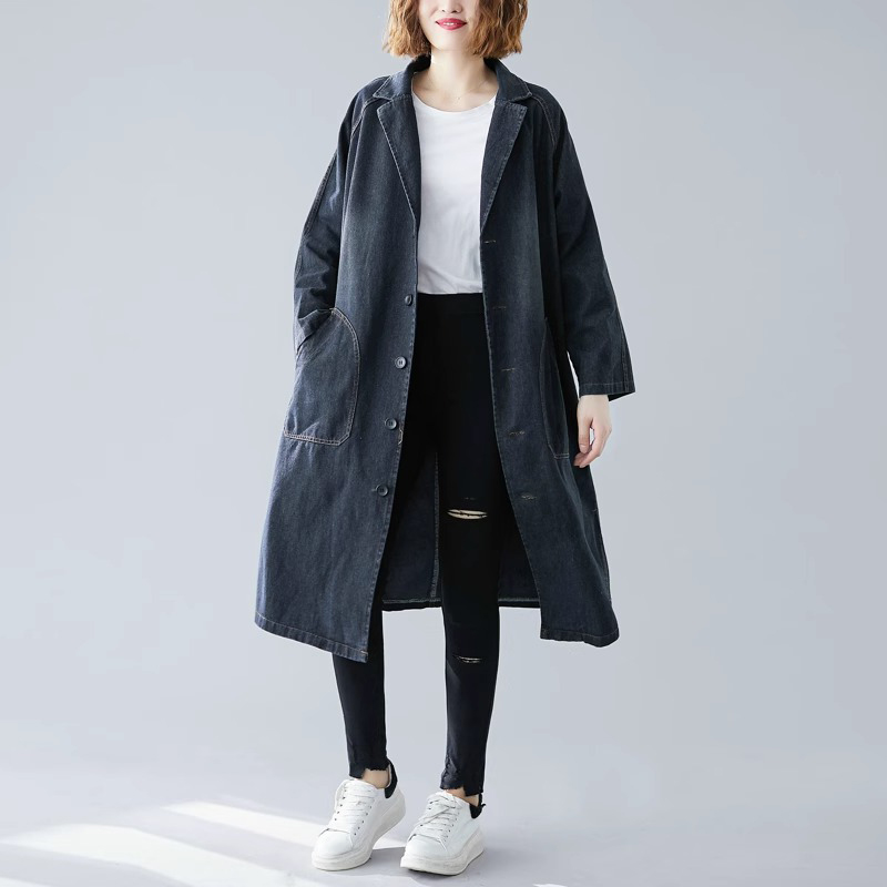 春秋韩版大口袋磨白水洗牛仔风衣外套女大码气质翻领长款开衫大恒