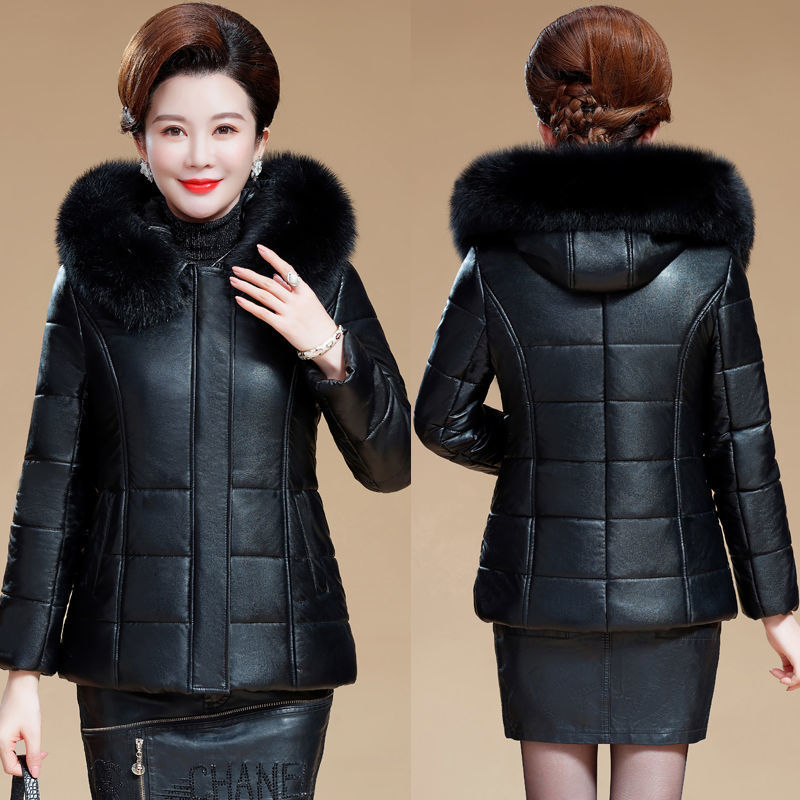 海宁皮衣棉服妈妈装pu棉衣中老年大码短款皮袄女皮尤外套加肥加厚