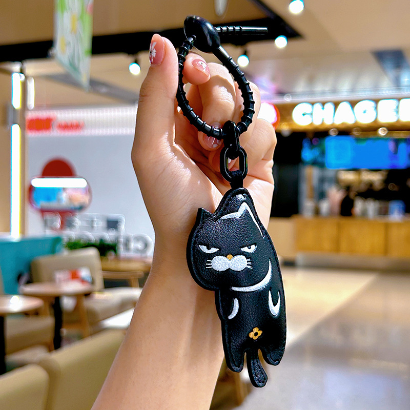 Creative Cartoon Leather Pendant Emoji Cat Keychain Automobile Hanging Ornament Couple Lovely Bag Accessories Gift Wholesale