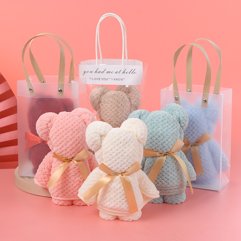 coral velvet bear towel gift box with hand gift wedding favors activity opening creative shape present towel wholesale