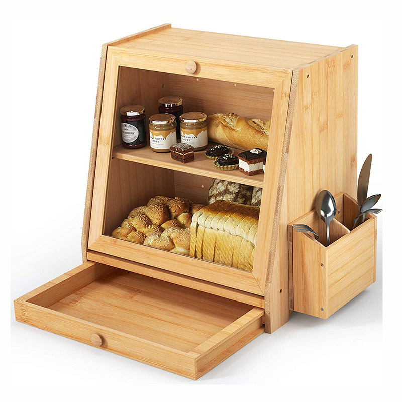Kitchen Bamboo Bread Box Double-Layer Glass Front Window Bread Snack Storage Box with Tableware Drawer Storage Box