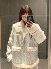 小香风两面穿毛毛棉服女冬季设计感拼接蓝色宽松西装领棉衣外套潮