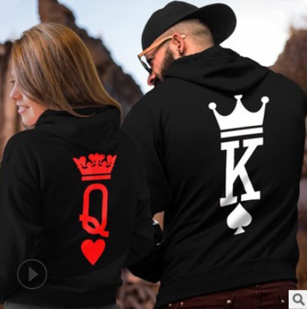 2019跨境wish 扑克牌情侣装 queen king印花连帽长袖情侣卫衣