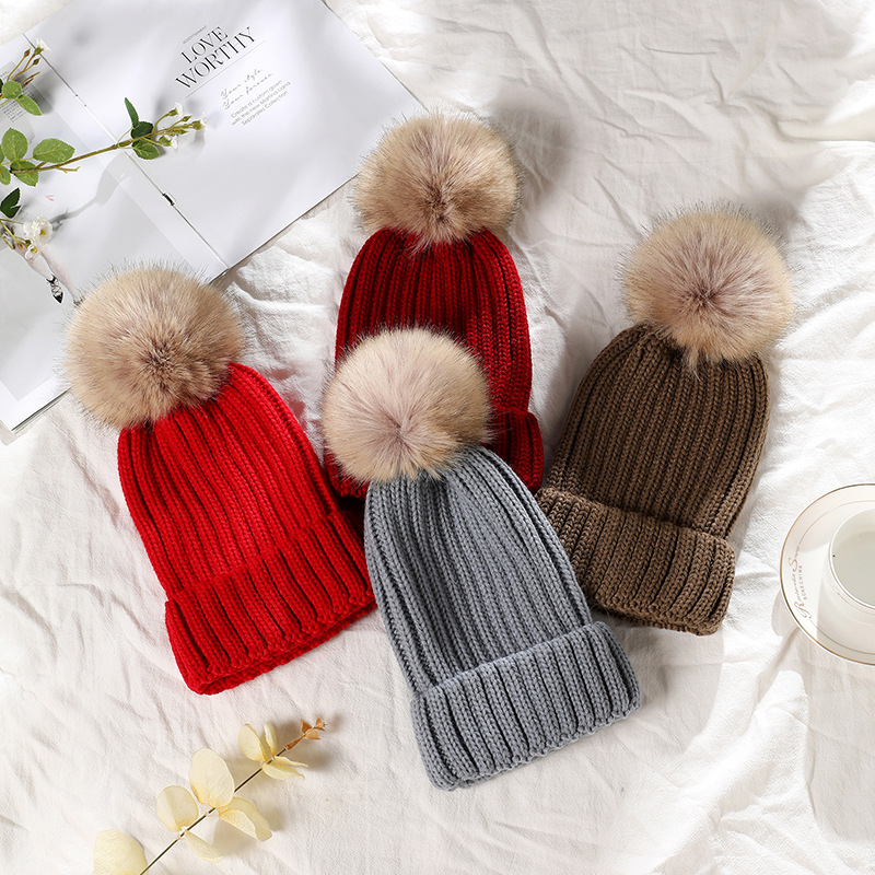 Autumn and Winter New Knitted Hat Women's Solid Color Korean Style Fur Ball Warm Japanese Sleeve Cap Men's Casual All-Matching Simple