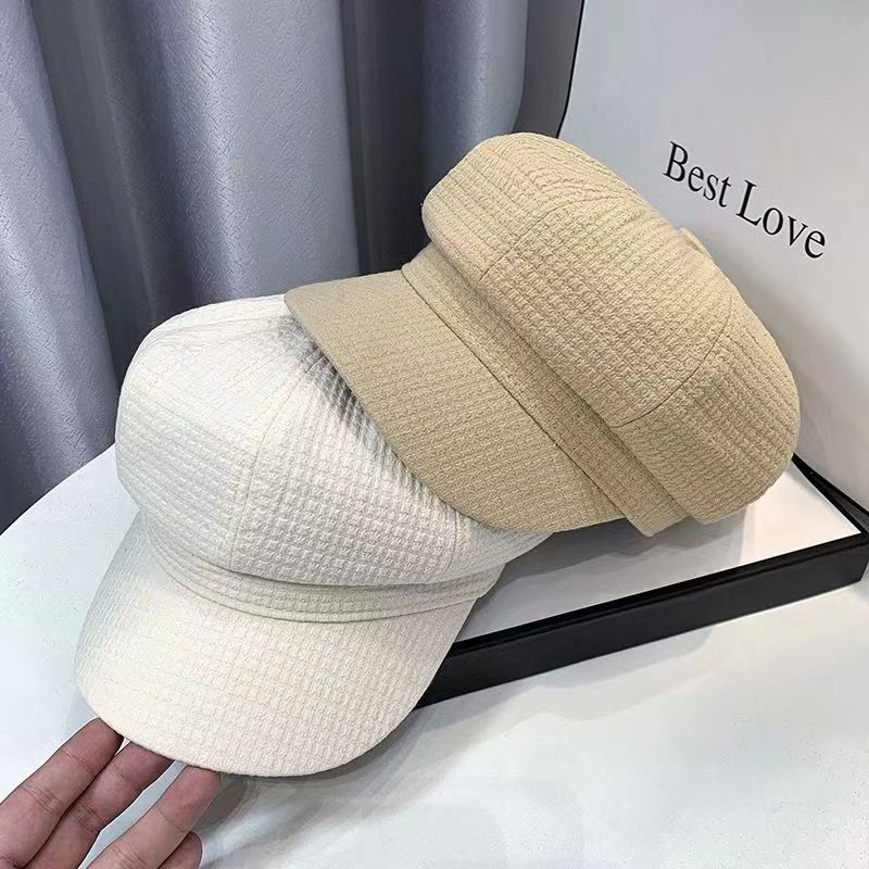 Korean Style Octagonal Cap Women's Spring and Autumn Plaid Fashion Cap Solid Color Newsboy Cap All-Match Artistic Painter Hat Make Your Face Look Smaller