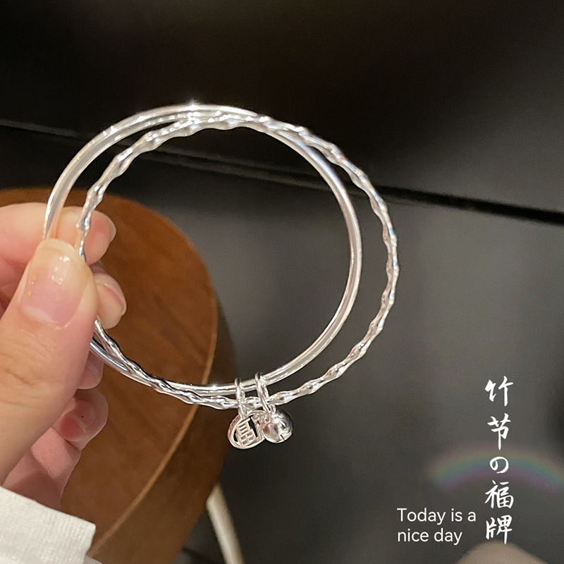 竹节双环福牌铃铛9999银手镯女 ins年轻款轻奢纯银手环闭口银镯子