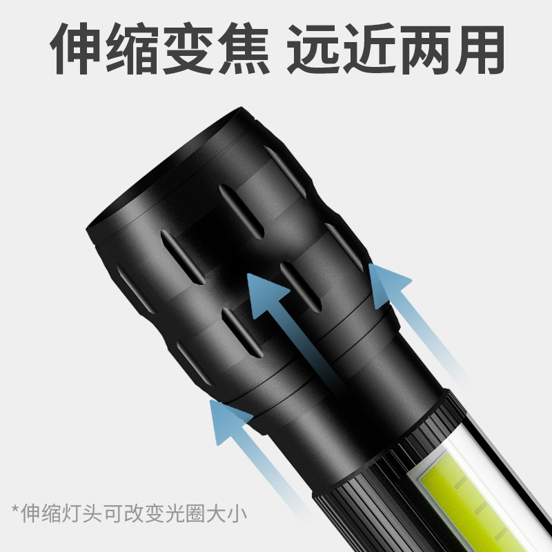 Factory Direct Sales Power Torch Led Strong Light Emergency Flashlight USB Charging Belt Sidelight Zoom Mini Torch