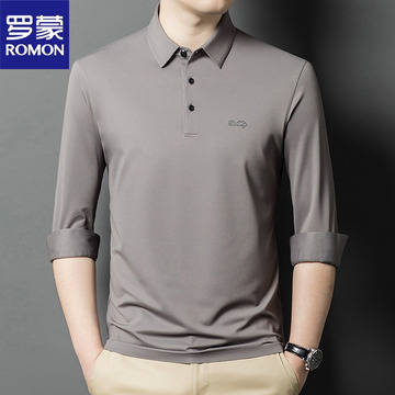 罗蒙桑蚕丝男士长袖polo衫春秋中年商务休闲衬衫领薄款t恤衫