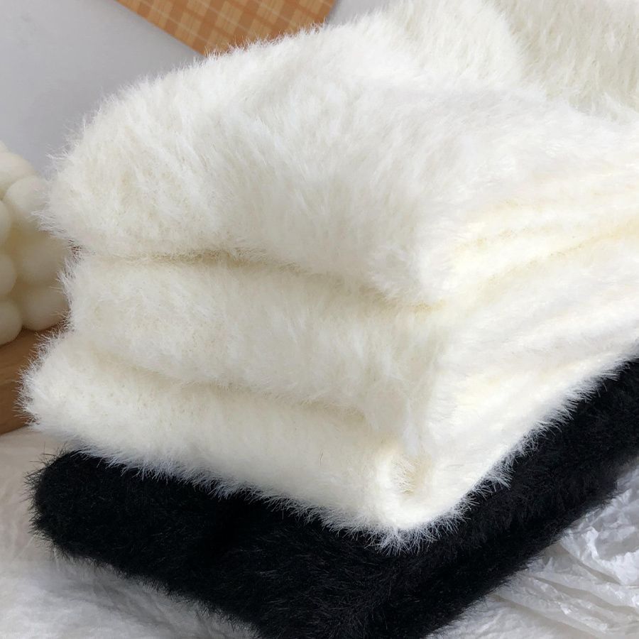 Mink Fur Socks Women's Mid-Calf Length Autumn and Winter Warm Velvet Padded Thickened Furry Black White Confinement Sleep Fluffy Socks
