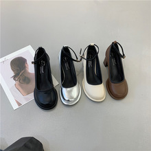 粗跟高跟鞋银色玛丽珍鞋女鞋2024年新款韩版JK制服鞋脚腕绊带单鞋