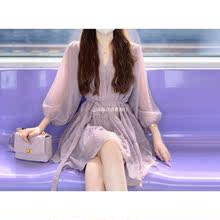 法式紫色连衣裙子春季女装肌理感收腰气质别致绝美小个子短裙批发