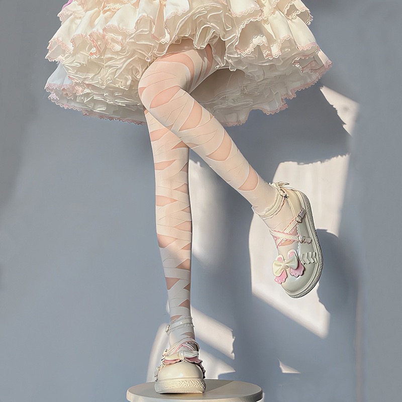 绷带丝袜逛街女生捆绑袜子交叉绑带密室白色绷带连裤袜镂空辣妹