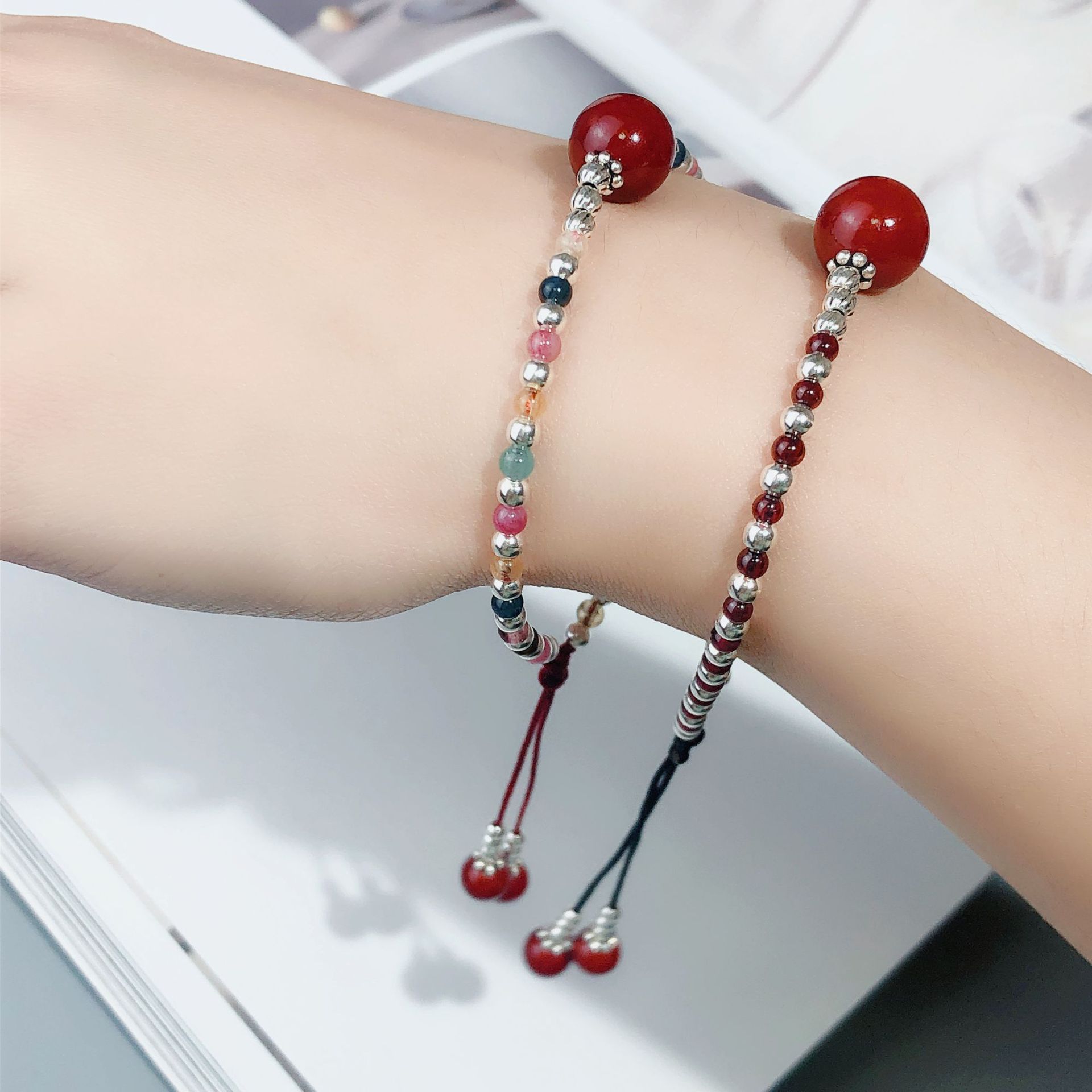 碧玺石榴石朱砂单圈手编绳可调节红绳手串手工饰品串珠配饰首饰