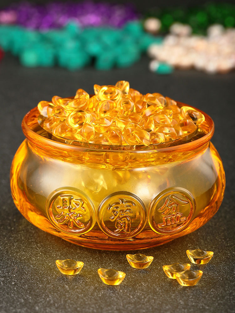 水晶聚宝盆摆件招财办公室客厅佛堂桌装饰品七彩琉璃元宝家居饰品