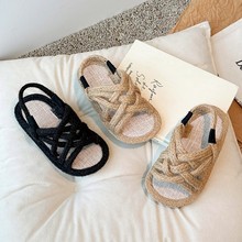 儿童夏季新款模韩版复古麻绳凉鞋男童麻绳沙滩鞋女童软底编织凉鞋