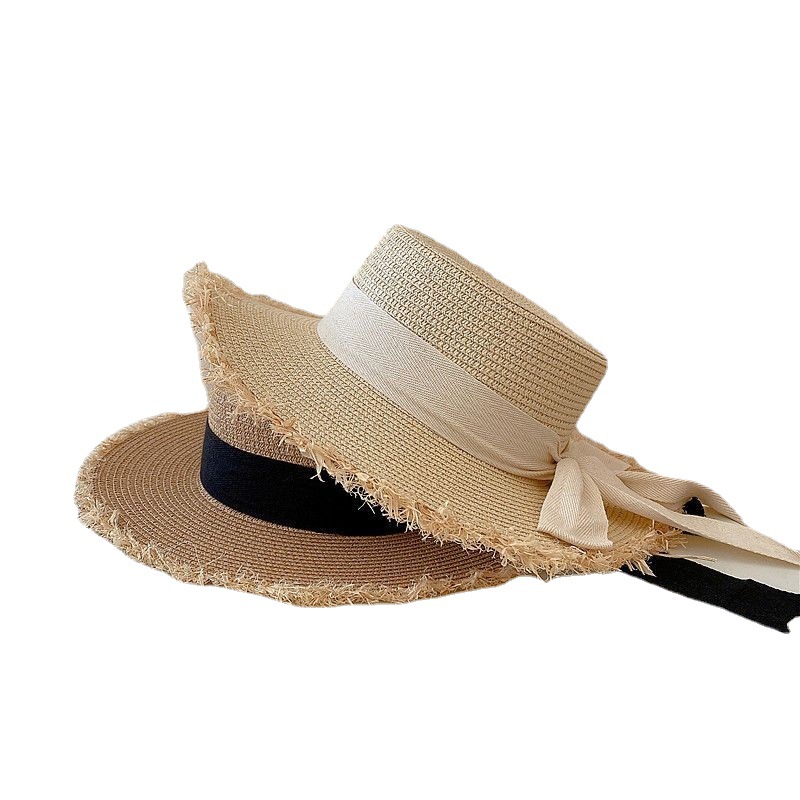 Raffia Hat Women's Summer Seaside Flat Top Sun Protection Sun Hat Beach Fisherman Hat Seaside Photograph Straw Woven Braided Hat