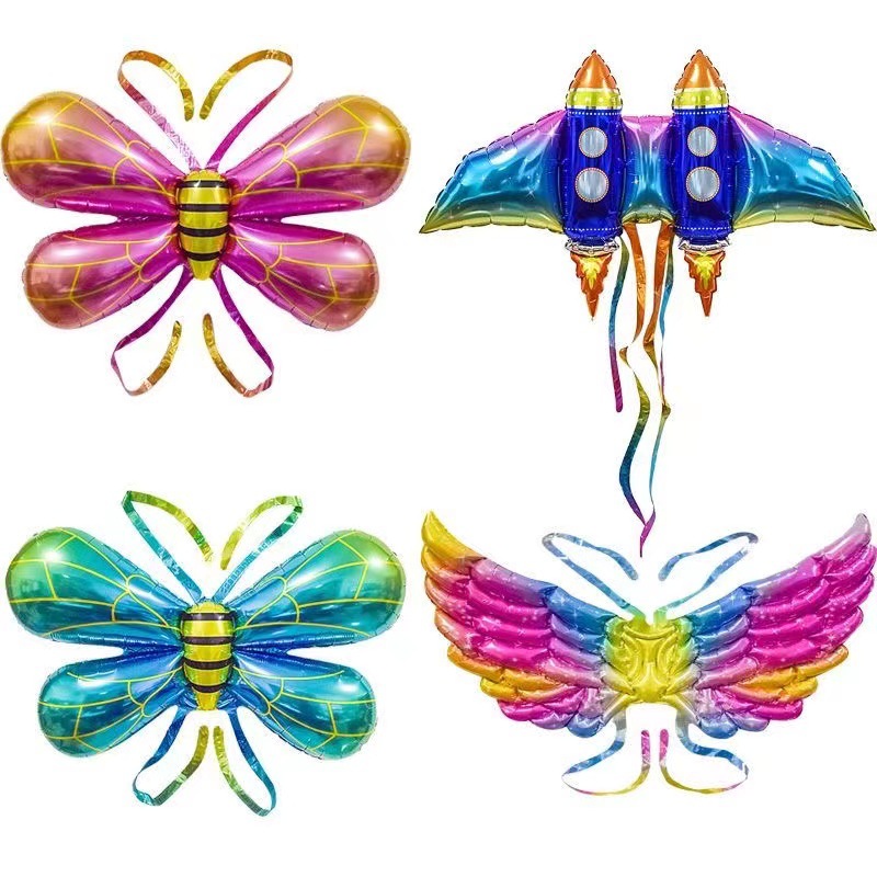 Net Red Bee Butterfly Wings Balloon Back Decoration Children Angel Rocket Inflatable Toy Birthday Push Stall Wholesale