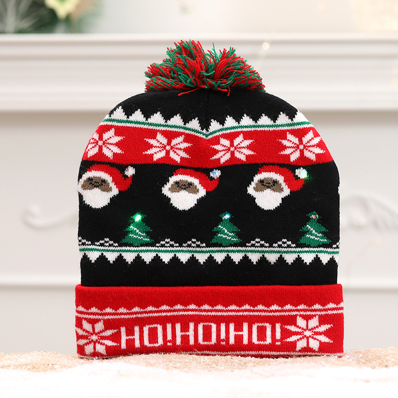 Cross-Border New Arrival Luminous Christmas Hat Children Adult Autumn and Winter Warm European and American Slipover Knitted Hat Printing Woolen Cap