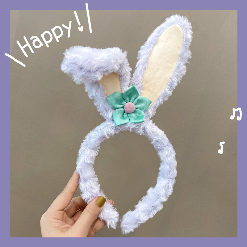 Korean New StellaLou Rabbit Ears Hair Hoop Women's Plush Amusement Park Cute Headband Small Flower Mickey Headband