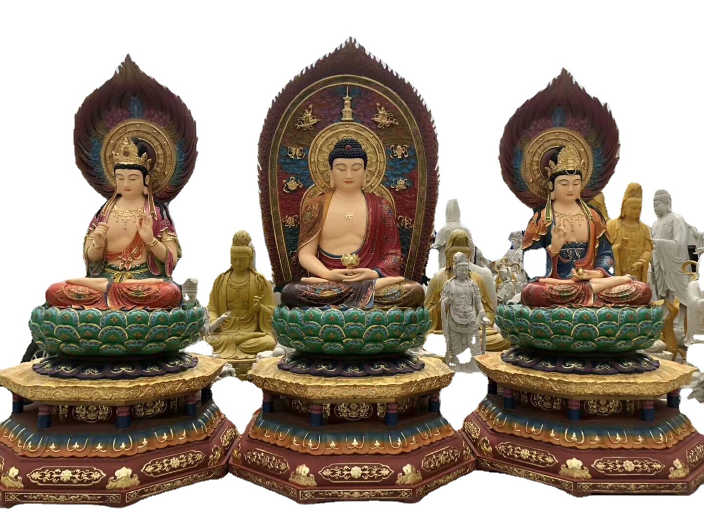 寺院佛像西方三圣东方三圣贴金生漆脱胎及彩绘