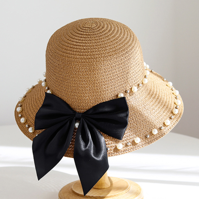 帽子亲子春夏旅游度假帽子儿童珍珠蝴蝶结草帽时尚防晒遮阳帽