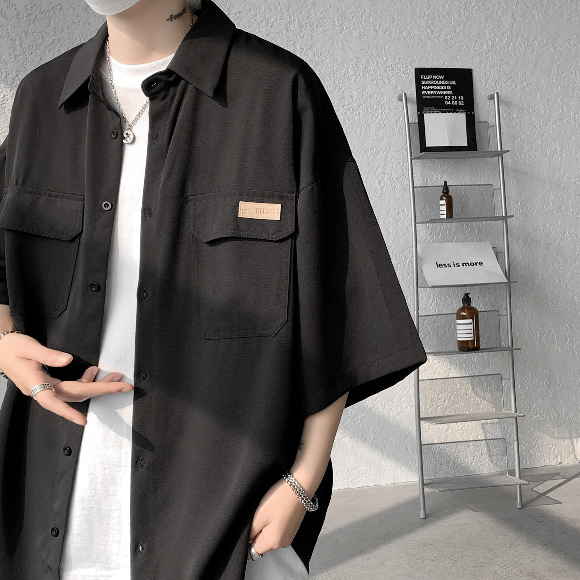 夏季男装男士高品质冰丝短袖衬衫套装休闲短裤男式时尚两件套套装