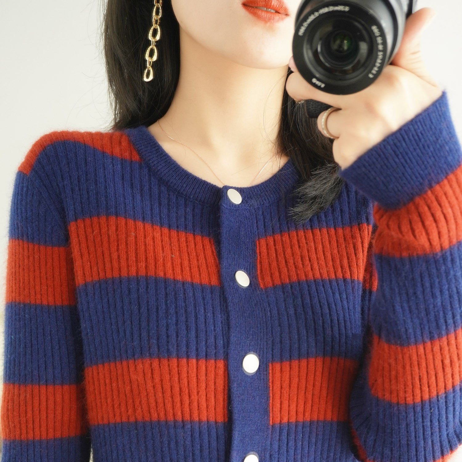 春季新款条纹撞色外套女针织开衫毛衣圆领学生宽松上衣拼色外搭衫