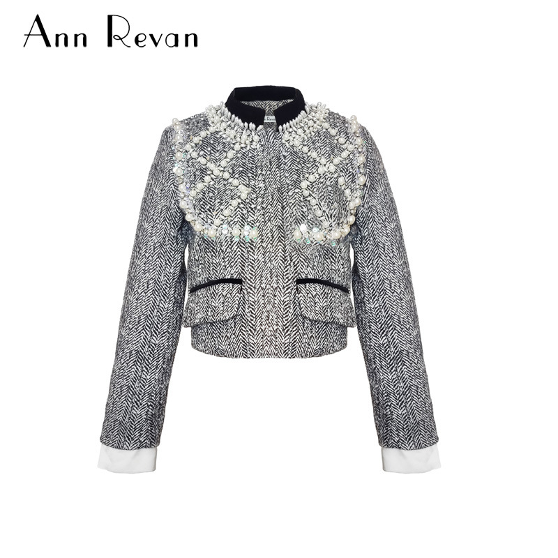 现货ann revan春夏新名媛贵气质小香珍珠轻奢羊毛呢百搭短外套女