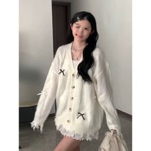 设计感蝴蝶结领开衫针织衫春秋上衣毛衣外套百搭气质慵懒风上衣