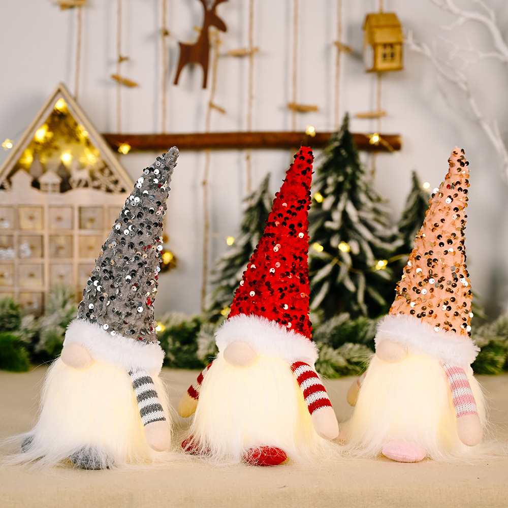 Cross-Border New Valentine's Day Decoration Christmas Sequins with Lights Rudolf Doll Christmas Luminous Faceless Doll Ornaments