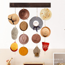 亚马逊木质帽子整理架 家用墙壁麻绳照片夹衣帽间木质帽子收纳架
