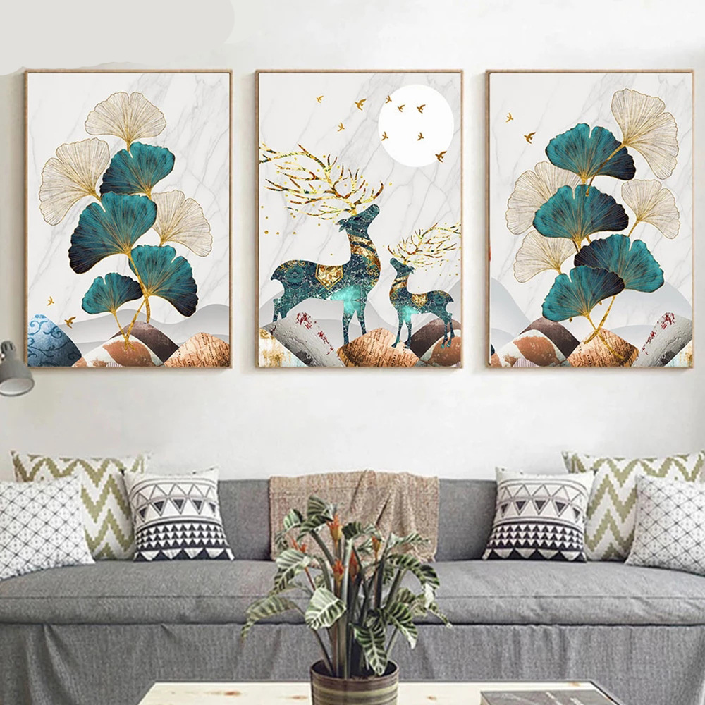 5d钻石十字绣 鹿银杏叶钻石画 diy贴钻钻石绣三联画砖石画点钻画