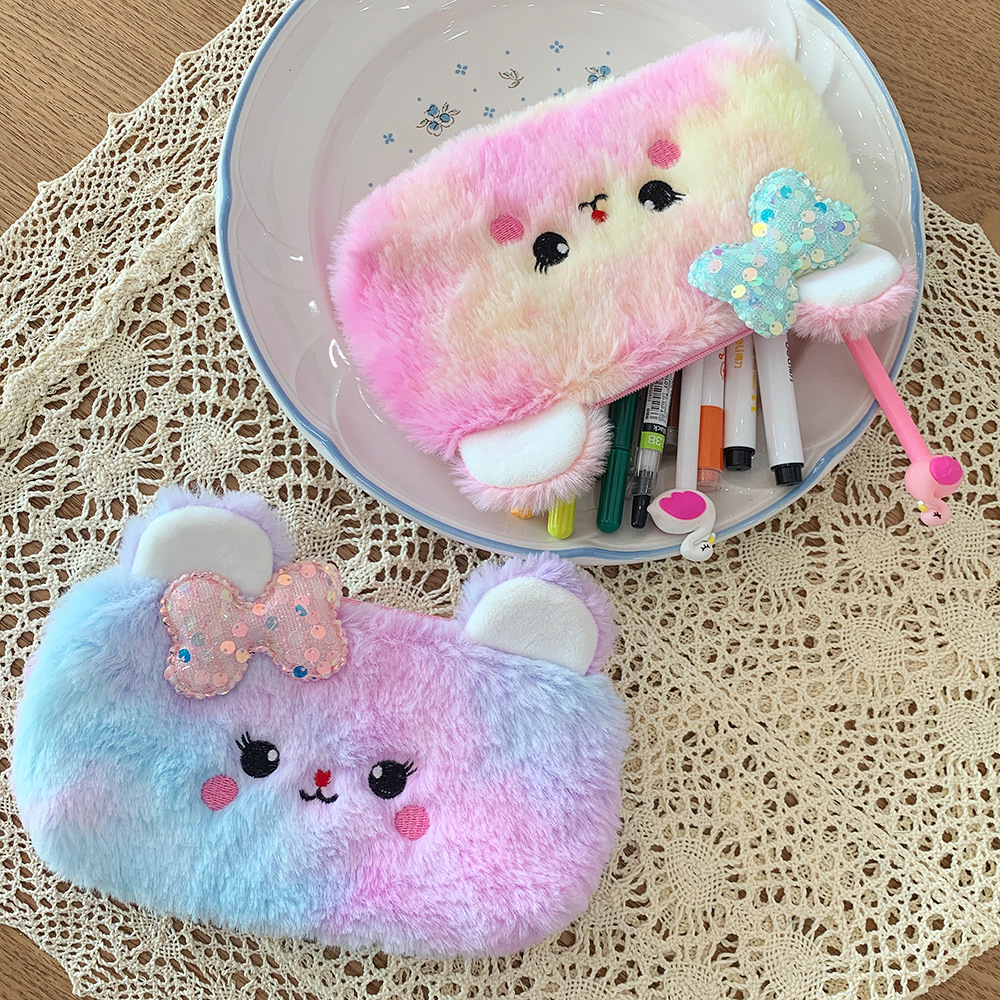 New Cute Colorful Bowknot Bear Pencil Case Plush Girl Heart Student Pencil Stationery Case Gift Wholesale