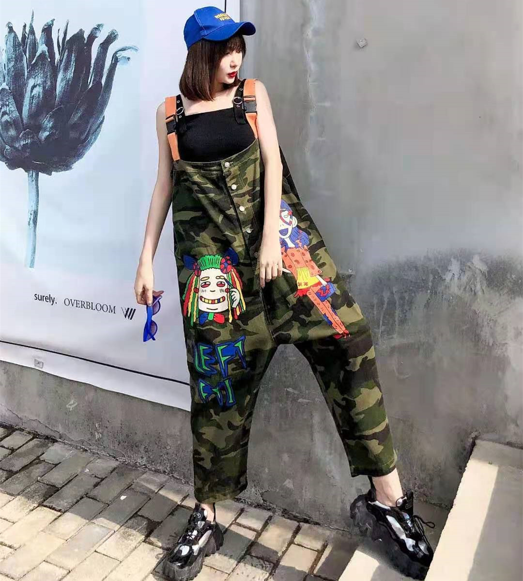 欧美亚马逊潮牌女装连体裤女 2021新款春季迷彩宽松大码牛仔裤子